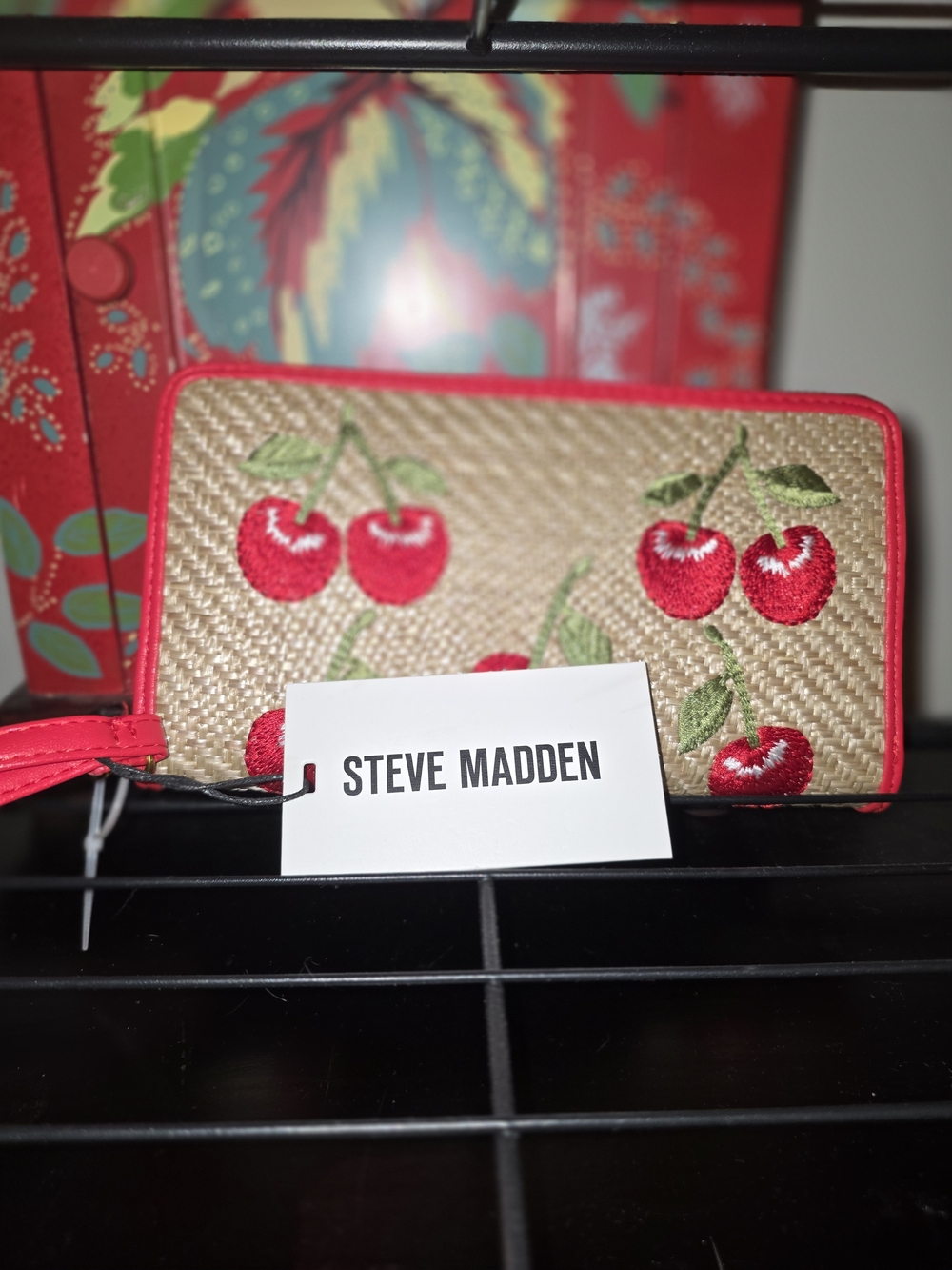 Steve Madden Cherry Embroidered Straw Wristlet - Red